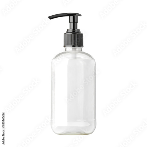 Clear Pump Bottle Filled With Liquid Placed on a Plain Surface in a Clean Env...