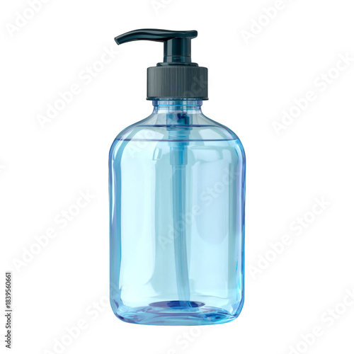 Clear Blue Bottle With a Pump on Top Sitting on a Plain Background
