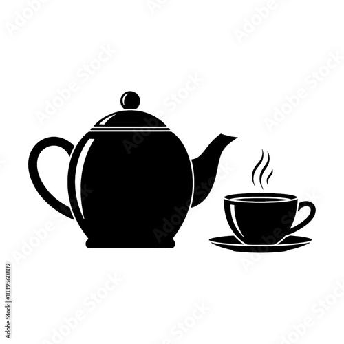 Black silhouette of a classic teapot and a steaming teacup, perfect for hot beverage concepts, isolated on transparent background.