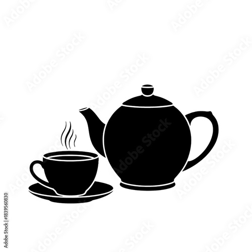 Black silhouette of a classic teapot and a steaming teacup with a saucer, perfect for hot beverage concepts, isolated on transparent background.