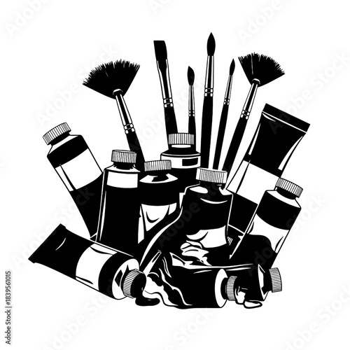 Art supplies collection featuring various paint tubes and brushes, some squeezed with paint, rendered as a black silhouette illustration, isolated on transparent background