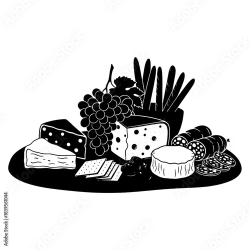 Elegant charcuterie board with gourmet cheese, grapes, crackers, and salami, presented as a sophisticated black silhouette isolated on transparent background.