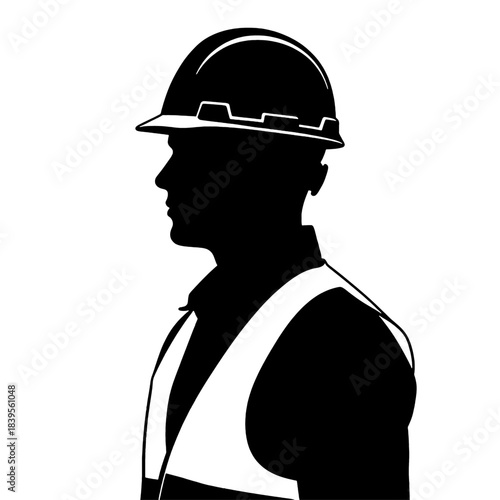 Black silhouette of a construction worker wearing a hard hat and safety vest, depicted in profile, isolated on transparent background.