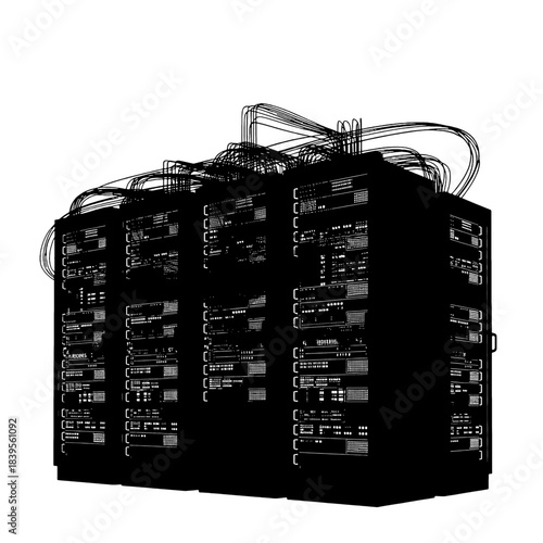 Server racks and networking equipment with intricate cabling, representing data center infrastructure, isolated on transparent background.