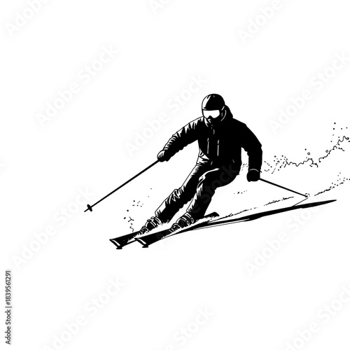 Black silhouette of a skier downhill skiing, creating snow spray, captured in dynamic motion, perfect for winter sports themes, isolated on transparent background.