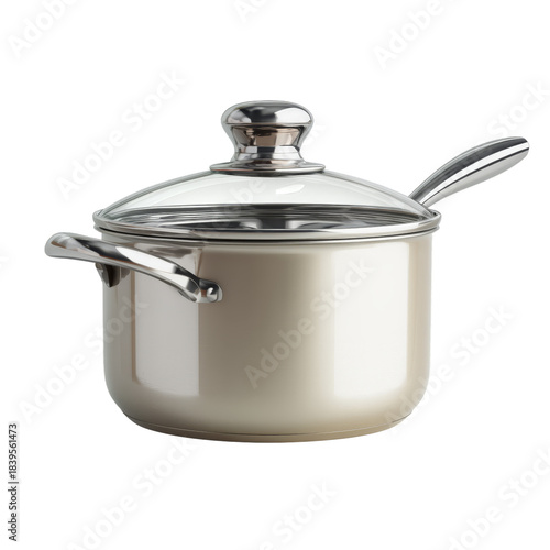 Metal Cooking Pot on a White Background With Transparent Lid in a Kitchen Set...