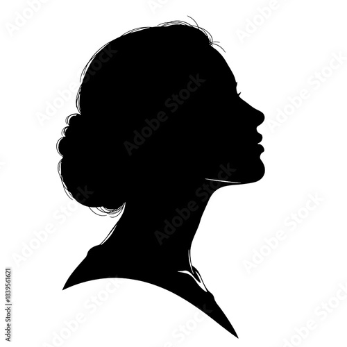 Elegant woman's head in profile silhouette, featuring a graceful bun hairstyle, perfect for various design projects, isolated on transparent background.