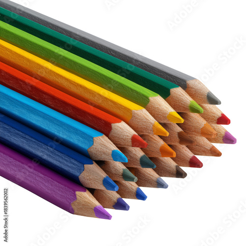 Colorful Pencils Arranged in a Line on a White Surface Ready for Drawing or C...