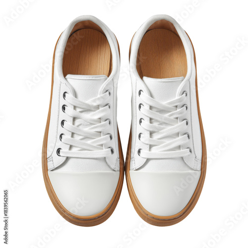 White Sneakers With Brown Soles on a Plain Background in a Studio Setting