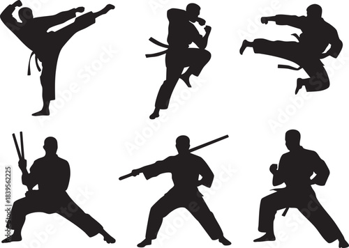 Six black silhouette martial artists performing various combat poses and weapon techniques arts