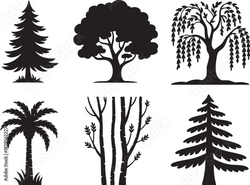 Six black silhouette trees including pine palm deciduous and weeping willow white