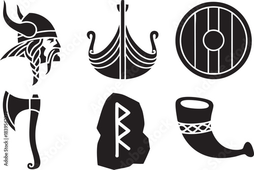 Viking warrior helmet ship shield axe rune stone horn icons black silhouette horns beard