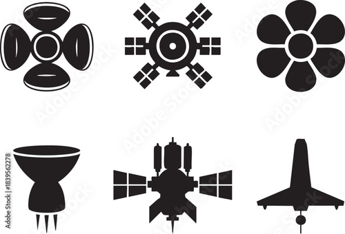 Six black vector icons of spacecraft and abstract shapes on white background collection satellite