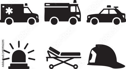 Ambulance police car fire truck siren stretcher and firefighter helmet icons vector