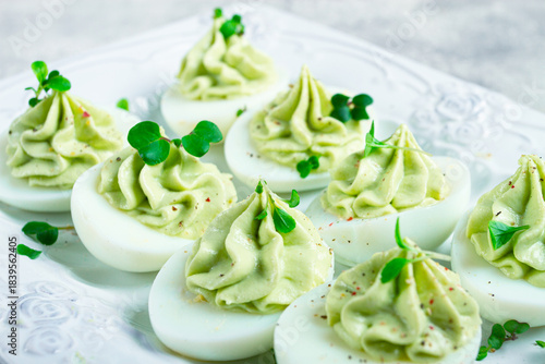 snack, stuffed eggs with avocado, homemade, no people,