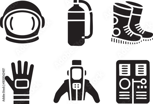 Black icons of astronaut helmet oxygen tank boots glove suit and control panel vector