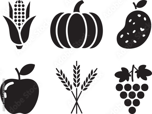 Black icons of corn pumpkin potato apple wheat and grapes on white background vector