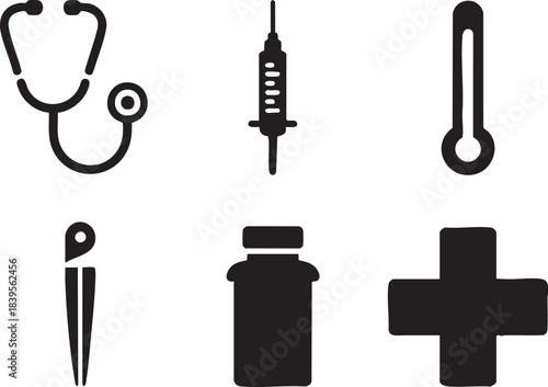 Black medical icons stethoscope syringe thermometer tweezers pill bottle cross on white vector