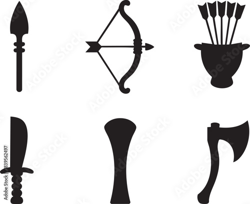 Black silhouette icons of ancient weapons including spear bow arrows quiver axe sword and club