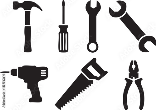Black silhouette icons of hammer screwdriver wrenches drill saw and pliers on white background
