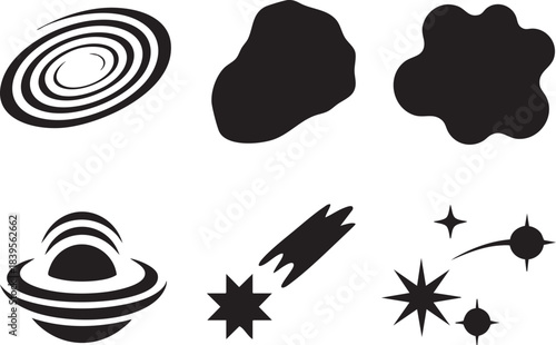 Black silhouette icons of space objects and abstract shapes on white background galaxy nebula