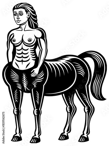 Stylized black and white centaur illustration with ornate patterns