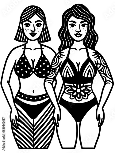Two diverse body positive women in swimwear black and white illustration