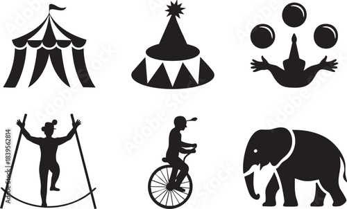 Black silhouettes of circus tent juggling performer tightrope walker unicyclist and elephant vector