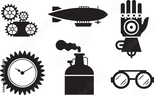 Black steampunk icons including gears airship robotic hand clock steam jug and goggles cogwheel