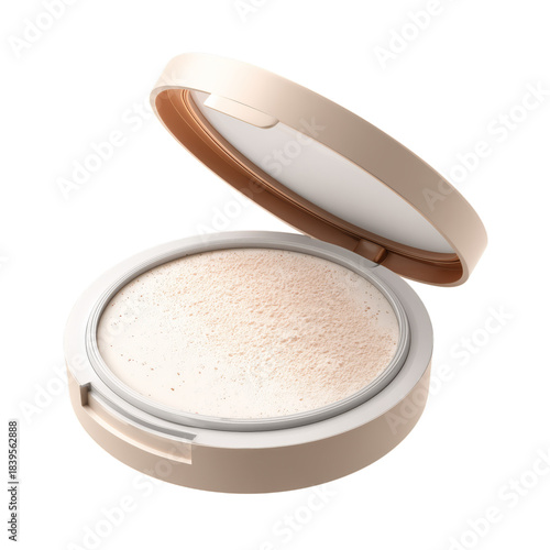 Compact Makeup Powder With Shiny Surface in Open Case on White Background