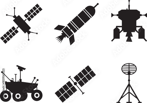Collection of black silhouette icons representing spacecraft rockets satellites and lunar lander