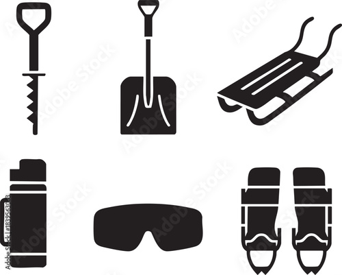 Collection of black winter sport and outdoor activity icons including sled shovel goggles and thermos