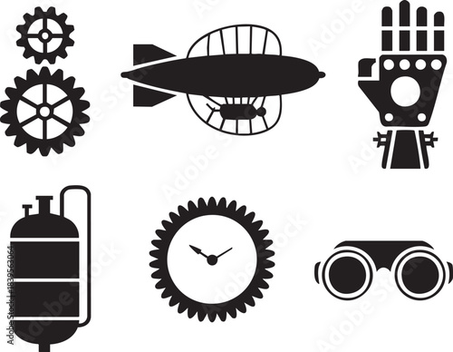 Collection of black steampunk inspired icons gears airship robotic hand tank clock binoculars cogwheel