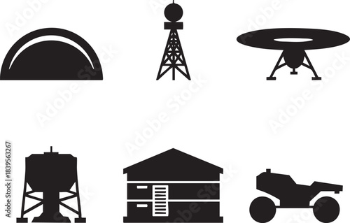 Collection of six black vector icons depicting a dome building a radio tower a flying saucer a silo a house and an A T V