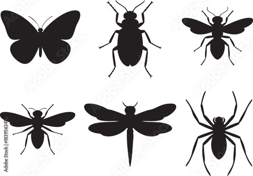 Six black insect silhouettes including butterfly bee dragonfly spider beetle white