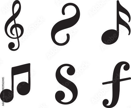 Six black musical notes and symbols on a white background including treble clef eighth note and forte
