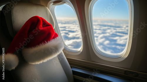 Santa hat resting on airplane seat tray table near window in flight  