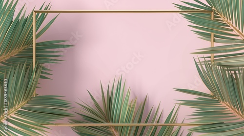 Premium background for summer sale featuring pink monochrome,  elegant golden frame and tropical leaves