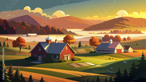Very beautiful golden sunrise illuminating Jenny Farm as soft morning fog drifts across fields and classic barns. A timeless Vermont landscape filled with warm autumn color and peaceful rural charm.