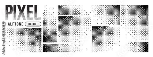 Square pixel fade with pattern dither background and dot effect line. Vector rectangle illustration with simple brick techno and geometric transform icon. Explosion fragment square.