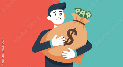 Anxious man clutches large money bag with dollar sign illustration background