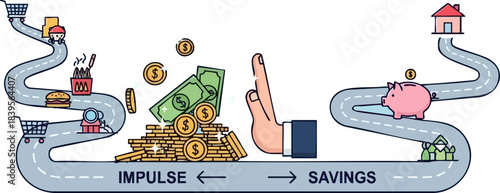 Financial concept showing impulse spending versus long term savings goals