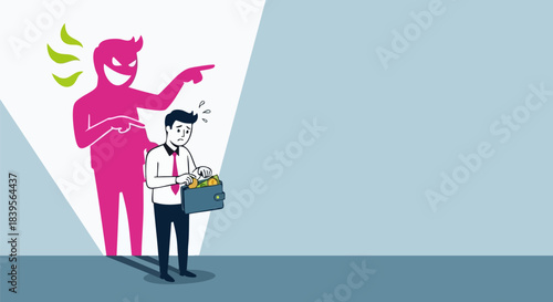 Scared businessman accused by large shadow figure pointing fingers aggressively