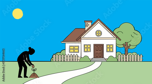 Person planting small seedling near house symbolizes growth and home investment