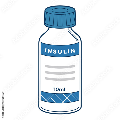 "Insulin medication vial flat vector illustration with blue screw cap and 10ml label for diabetes healthcare, pharmaceutical icon for medical design"

