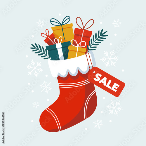 Festive Christmas stocking with gifts and decorated with a sale tag, surrounded by snowflakes and holiday elements for Christmas promotions, holiday discounts, winter sale, festive marketing material