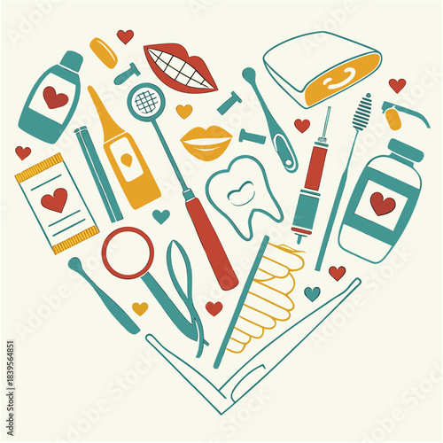 "Dental care tools forming heart shape vector illustration symbolizing love for oral health, dentistry clinic promotional design with medical icons"

