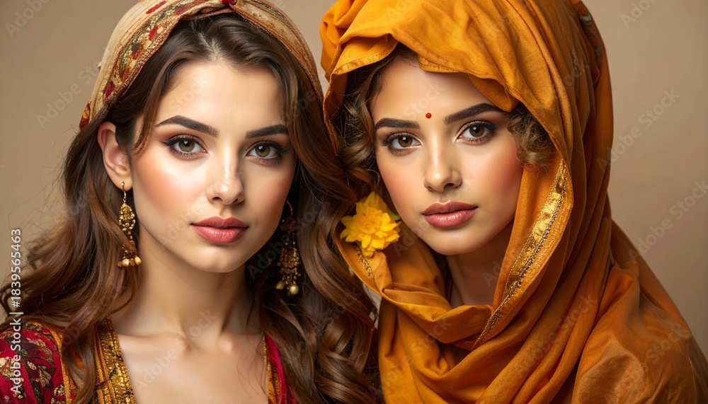 Obraz premium Two women in traditional attire pose together, showcasing cultural heritage and elegance in a studio setting with soft lighting