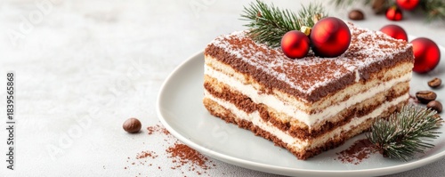 Festive Tiramisu Slice with Red Baubles and Sprigs, Christmas, Dessert