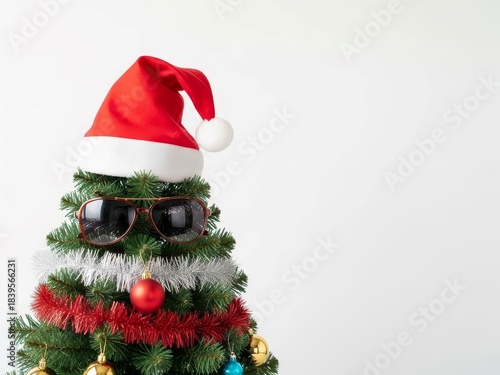Wallpaper Mural Close-up of a Christmas tree dressed up with a Santa hat and sunglasses, featuring a red bauble for a nose. Torontodigital.ca